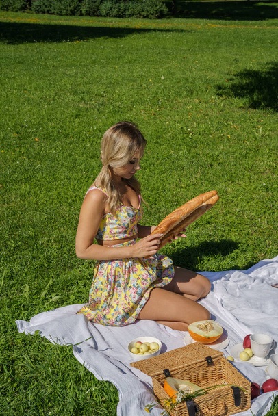Outdoors portrait of beauty blond woman in summer clothes. Model resting on picnic at green park - Фото, зображення