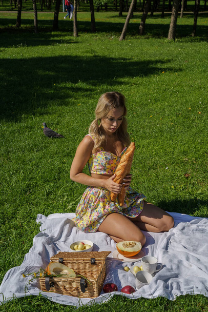 Outdoors portrait of beauty blond woman in summer clothes. Model resting on picnic at green park - Foto, immagini