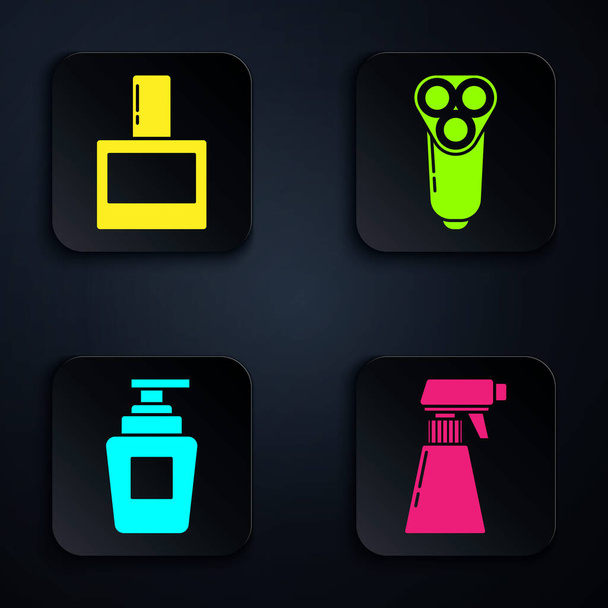 Set Hairdresser pistol spray bottle, Aftershave, Bottle of shampoo and Electric razor blade for men. Black square button. Vector. - Vector, afbeelding
