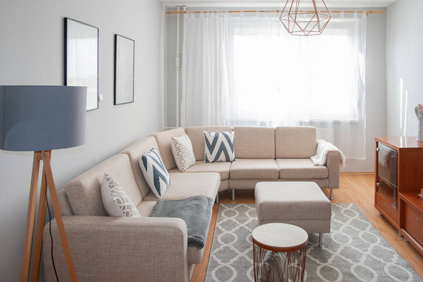 Skandinavian minimalismin suunnittelu. Kaunis olohuone koristeltu harmaa ja Beige värit. Mukava, kodikas sisustus. Moderni koti neutraaleissa väreissä.  - Valokuva, kuva