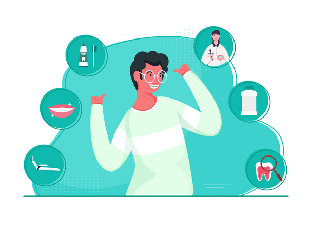 Cheerful Man Showing Thumb Up From Two Hands With Dental Elements On Turquoise And White Background.  - Vector, afbeelding