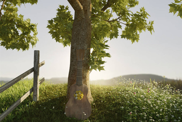 3d rendering of a maple tree at high green hill with a leaning old ukulele filled with flowers - Foto, imagen