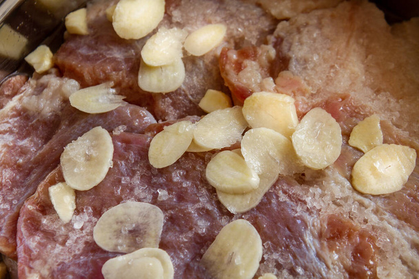 Salted lard with garlic close-up. Food photography. - Photo, Image