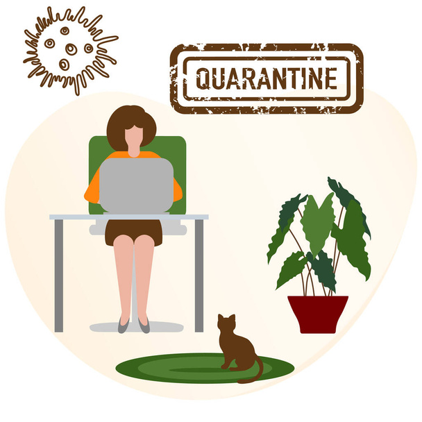 Vector illustration Stay home. Social distancing advice Separation. virus COVID-19 Human working on laptop. Remote work. Quarantine Pandemic Health Reducing risk of infection prevention measures - Вектор, зображення
