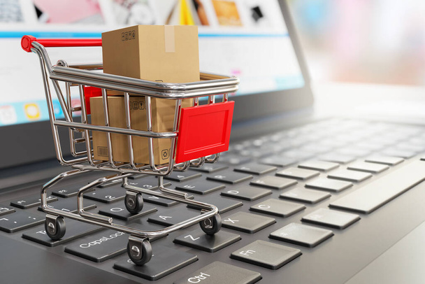 Shipping boxes in a grocery shopping cart on a laptop keyboard - 3d illustration as a symbol of online shopping and online store - Zdjęcie, obraz