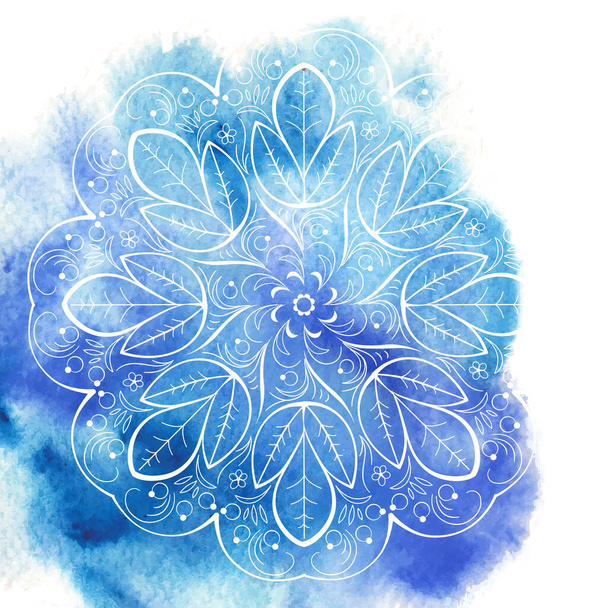 Blue watercolor paint background with white circular mandala pattern. - Вектор,изображение
