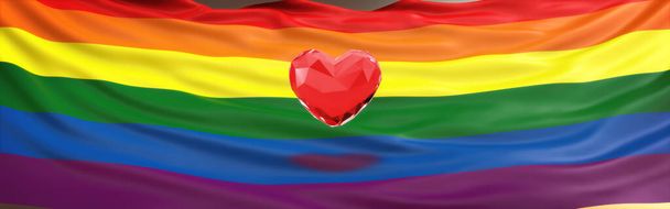 σημαία ΛΟΑΤ ή σημαία υπερηφάνειας Rainbow στο παρασκήνιο με κόκκινη καρδιά 3d εικονίδιο. Έννοια ισότητας. 3D εικονογράφηση - Φωτογραφία, εικόνα