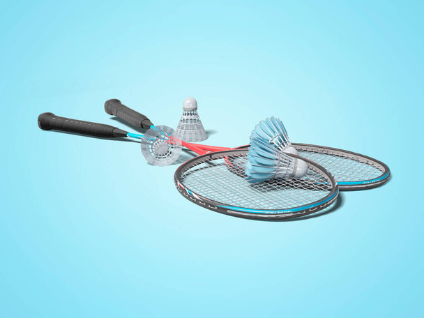 3d weergave van badminton racket met shuttlecocks voor volwassenen op blauwe achtergrond met schaduw - Foto, afbeelding