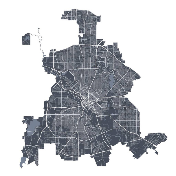 Dallasin kartta. Yksityiskohtainen vektorikartta Dallasin kaupunginhallinnosta. Tumma juliste kaduilla valkoisella taustalla. - Vektori, kuva