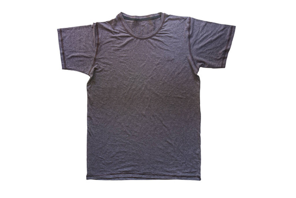Plantilla gris de la camiseta lista para sus propios gráficos, concepto de moda del diseño de la camiseta, primer plano del hombre y del niño en la camiseta en blanco, maqueta plana delantera de la camisa puesta, aislada en el fondo blanco - Foto, Imagen