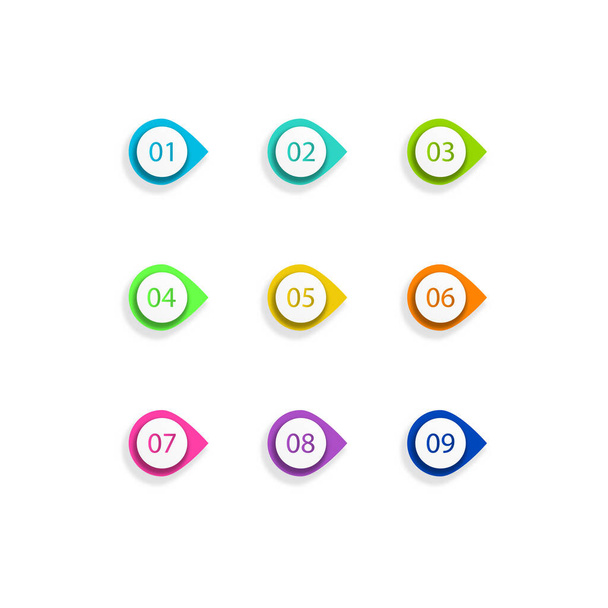 Number Bullet Points Flat Circles set on white background. Colorful color with number from 01 to 09 for your design. vector illustration - Vektör, Görsel