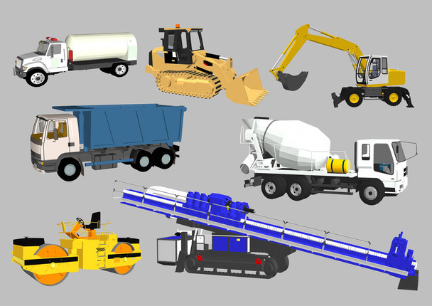 Bouw Zware Machineset, Zwaar Speciaal Transport, Vrachtwagen, Graafmachine, Bulldozer, Crane Vector Illustratie - Vector, afbeelding