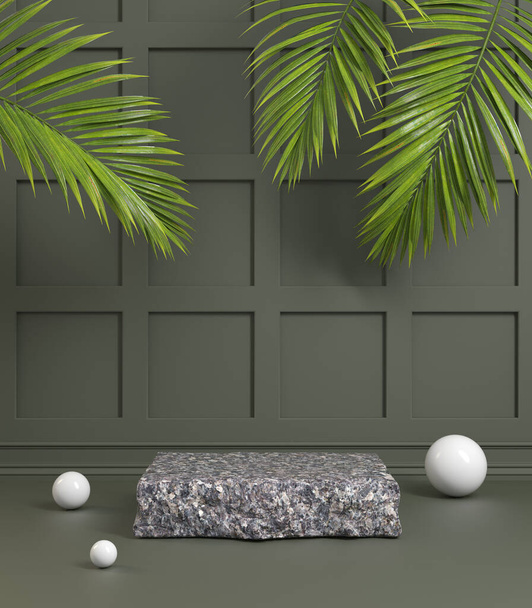 Koyu yeşil zeytin rengi ve palmiye yapraklı Siyah Granit Taş Podyumu - Fotoğraf, Görsel