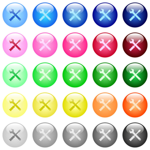 Zestaw ikon narzędzi w zestawie 25 kolorowych kulistych guzików - Wektor, obraz