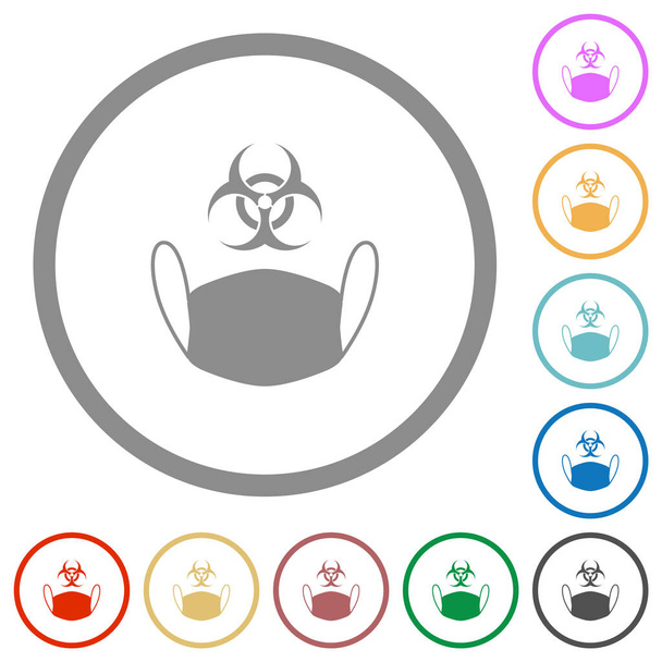 Gezichtsmasker en biohazard symbool platte kleur pictogrammen in ronde contouren op witte achtergrond - Vector, afbeelding