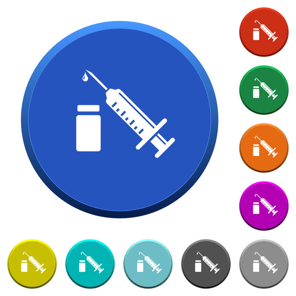 Syringe with ampoule round color beveled buttons with smooth surfaces and flat white icons - Vector, Image