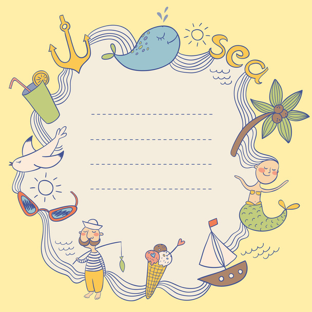 keret kialakítása a tengerig téma doodles - Vektor, kép