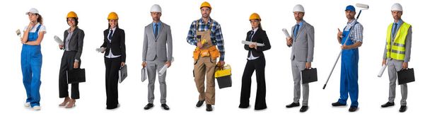 Collection of full length portraits of construction industry workers. Design element, studio isolated on white background - Fotografie, Obrázek