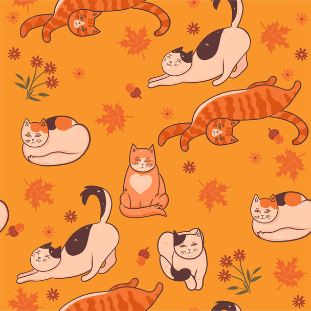 Pattern with cats, flowers and leaves. Autumn mood. Vector graphics - Vector, Image