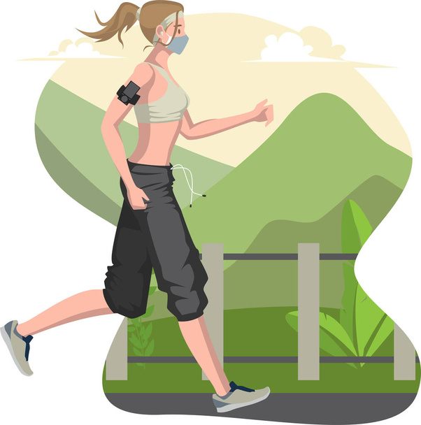 Una donna con maschera medica che fa jogging da sola fuori - Foto, immagini