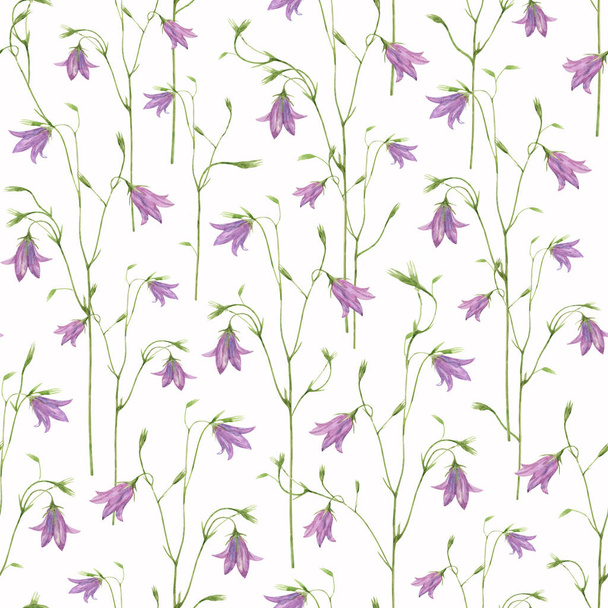 Seamless floral pattern for fabric, wrapping paper, wallpaper, design. Delicate lilac bell flowers on a white background. - Fotoğraf, Görsel