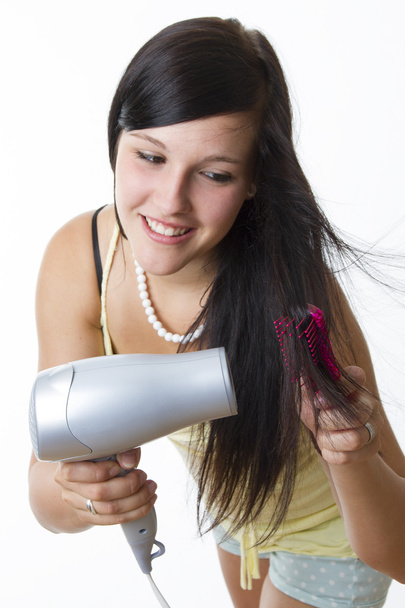 Girl with hairdryer - Φωτογραφία, εικόνα