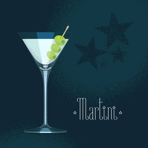 Martini cocktail glass with three olives vector illustration. Poster, design element with traditional martini goblet - Vektor, obrázek