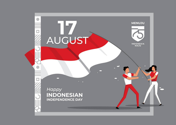 Un esempio di popolo indonesiano che porta bandiera nazionale. Concetto di vettore isometrico piatto. Menuju Indonesia maju significa in avanti verso l'Indonesia - Vettoriali, immagini