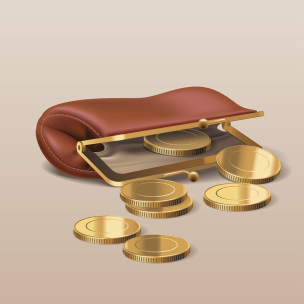Wallet with realistic golden coins vector illustration. Design element, clipart with purse full of metal money - Vector, Image