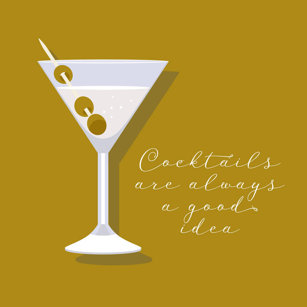 Martini cocktail in a glass vector illustration, banner. Olives in martini poster for cocktails party - Vector, Image
