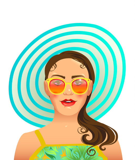 Yazlık poster tasarımı için plaj şapkalı ve güneş gözlüklü genç kız. Vektör illüstrasyonu. - Vektör, Görsel