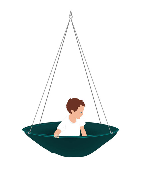 Vector illustration of cute little boy in round hammock. Kids vestibular activities, ergotherapy, or sensory integration concept. Isolated object on white background - Vector, Image