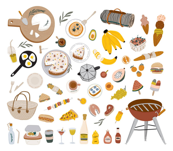 Summer picnic: fruits, berries, cake, hotdog, sandwich, bbq grill, coffee, ice cream, pie. Top view. Icon set flat design of picnic items. For banners, posters, promotion, presentation templates - Διάνυσμα, εικόνα