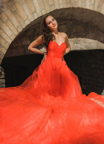 Evening dresses concept, elegant fancy style. Woman in evening red dress. Clothes for ladies, inspiration  - Photo, Image