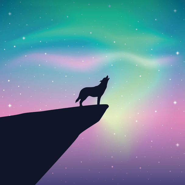 howling wolf looks in the colorful starry sky with aurora borealis - Vector, Image