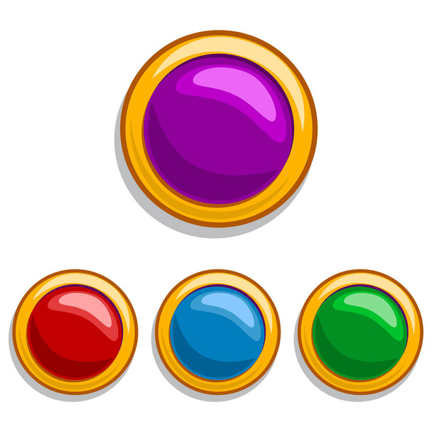 Jewelry stones in a gold frame of red, blue, green and purple color in the form of a circle. Vector elements for mobile game and web design isolated on white background. Cartoon icons. - Vetor, Imagem