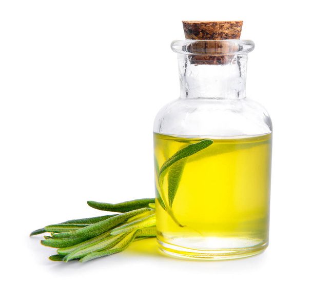Bottle of rosemary essential oil on white background - Foto, Imagem