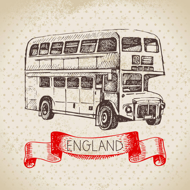 Χειροποίητο σκίτσο Αγγλικό φόντο εποχής. Vector ασπρόμαυρη διανυσματική vector vintage London bus illustration. Στοιχείο Μεγάλης Βρετανίας - Διάνυσμα, εικόνα