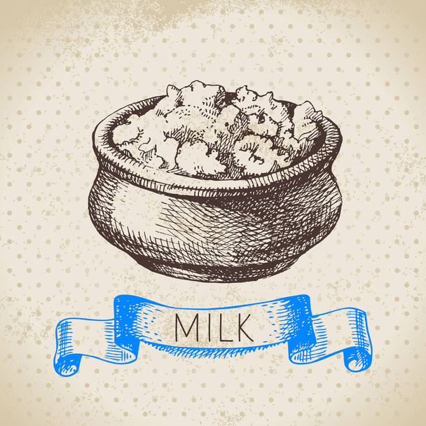 Croquis dessiné à la main des produits laitiers fond. Illustration vintage vectorielle noir et blanc. Bol de fromage cottage - Vecteur, image