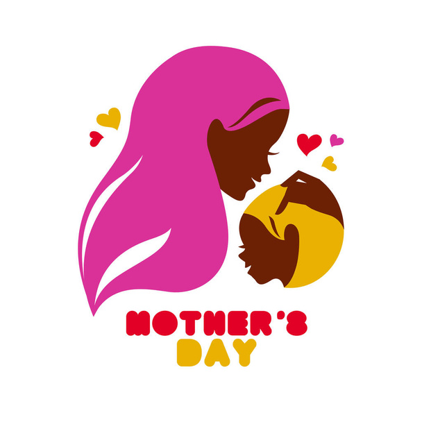Silueta madre con bebé. Tarjeta del Día de las Madres Felices. Ilustración vectorial con hermosa mujer y niño - Vector, imagen