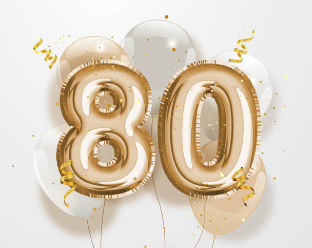 Happy 80th birthday gold foil balloon greeting background. 80 years anniversary logo template- 80th celebrating with confetti. Vector stock. - Vector, Image
