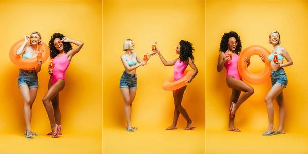 collage with young interracial women in summer outfit posing with inflatable ring and cocktails on yellow, horizontal image - Foto, Imagen
