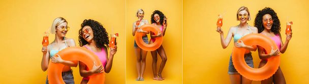 коллаж межрасовых друзей с кольцом для плавания и коктейльными бокалами на желтом, панорамный снимок - Фото, изображение