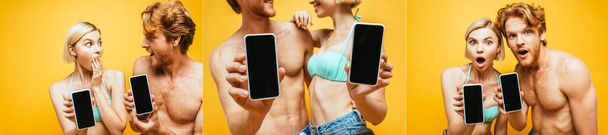 collage van geschokte shirtloze man en blonde vrouw toont smartphones met blanco scherm geïsoleerd op geel, panoramisch gewas - Foto, afbeelding