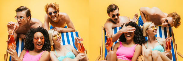 Коллаж мужчин без рубашек, веселящихся с мультикультурными женщинами, сидящими в шезлонгах с коктейлями, изолированными на желтом, горизонтальном изображении - Фото, изображение
