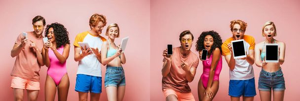 Collage von multikulturellen Freunden im Sommer-Outfit, die Geräte isoliert auf rosa, panoramischen Aufnahmen verwenden und zeigen - Foto, Bild