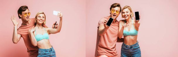Collage de pareja en traje de baño y gafas de sol con videollamada y mostrando smartphones sobre fondo rosa - Foto, imagen