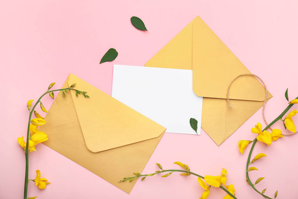 Composition with blank card and envelopes on color background - Photo, Image