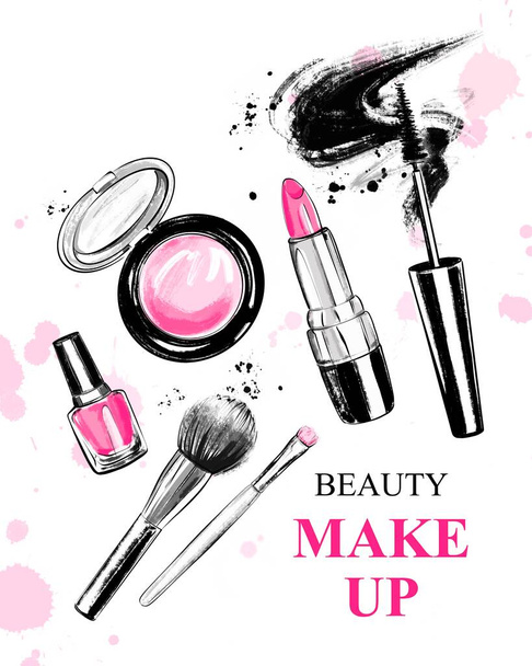 Hand drawn set with lipstick, brushes, mascara, nail polish, powder blush and bow. Beautiful set with cosmetics for Makeup. Flat lay. - 写真・画像