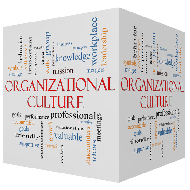Kultura organizacyjna 3d sześcian słowo chmura koncepcja - Zdjęcie, obraz
